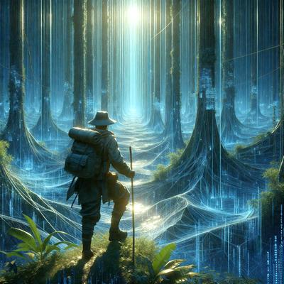 The primary subject of the image is a man walking through a forest. He is wearing a backpack and carrying a walking stick. The setting is a lush, green forest with tall trees surrounding him. The visual style of the image is digital art, giving it a surreal and dreamy atmosphere. The dominant colors are green and blue, creating a serene and peaceful mood.